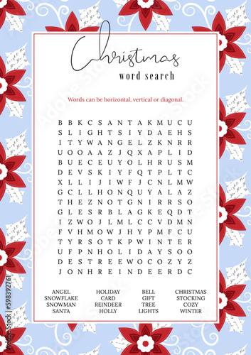 Christmas word search puzzle. Educational game. Winter holidays theme learning vocabulary. Crossword, printable worksheet. Suitable for social media post.