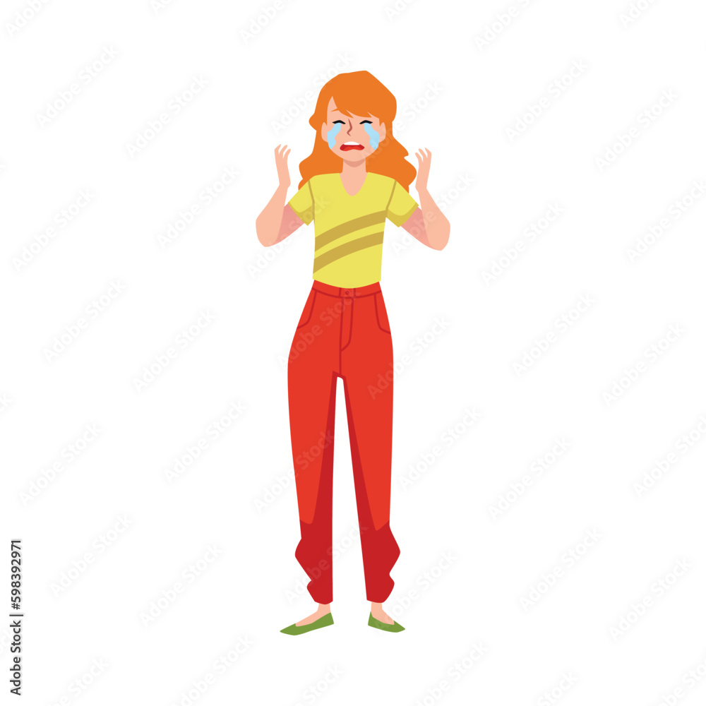 Crying girl or teenager in hysterics or stress flat vector illustration isolated.