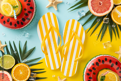 Enjoy the summer sun with this flat lay of swim ring, cocktails, palm leaves, citrus fruit, flip-flops, and starfish on a blue and yellow background