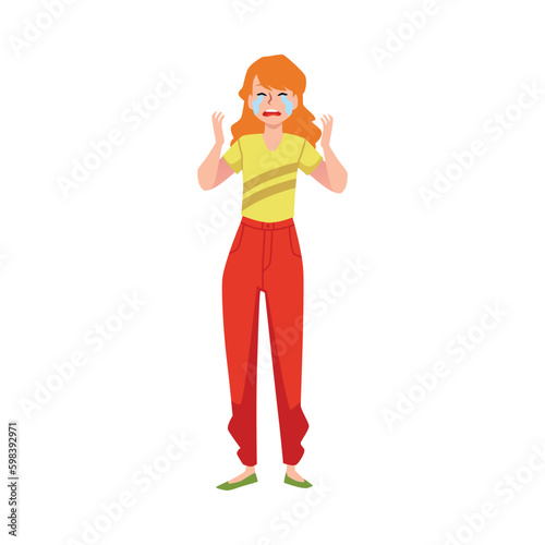 Crying girl or teenager in hysterics or stress flat vector illustration isolated.