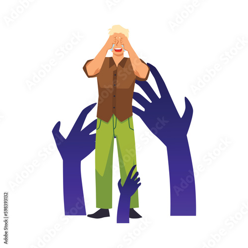 Man in anxiety haunted by fears and phobias flat vector illustration isolated.