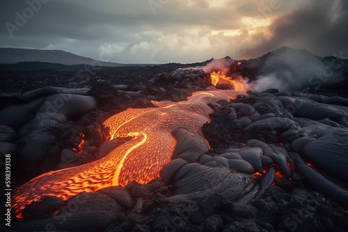 river of lava from a erupting volcano photo