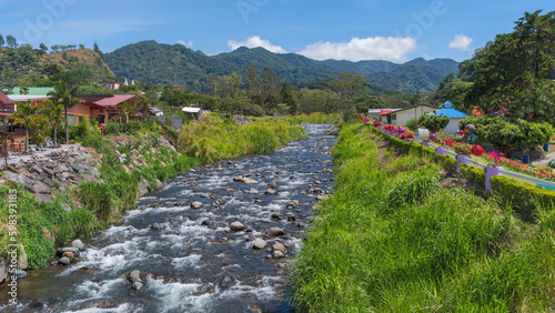 The Caldera River in the town of Boquete, looking north, Chiriqui, Panama on a sunny day.