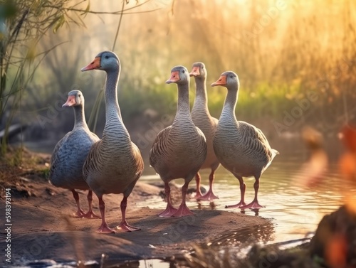 Group of Goose in natural habitat  generative AI 