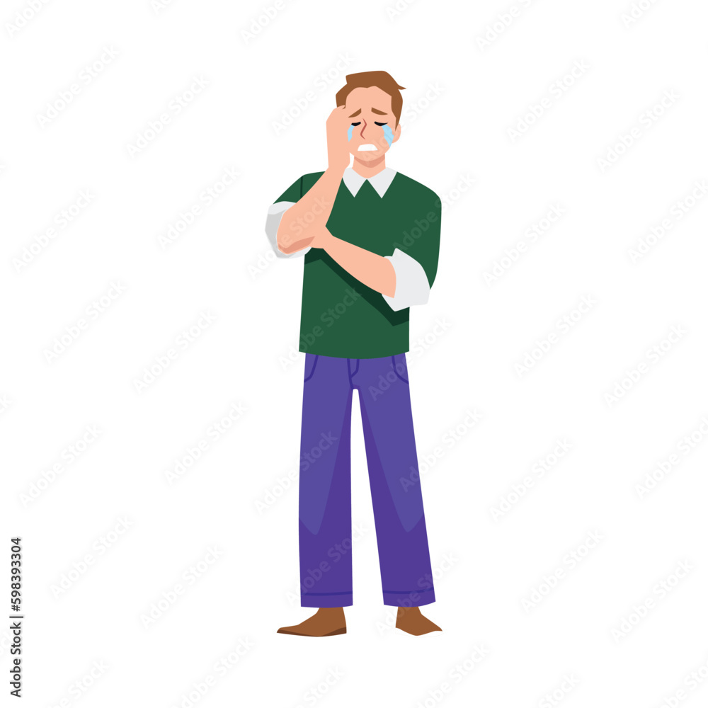 Crying upset man suffering from stress and anxiety, flat vector isolated. Crying upset man suffering from stress and anxiety, flat vector isolated.