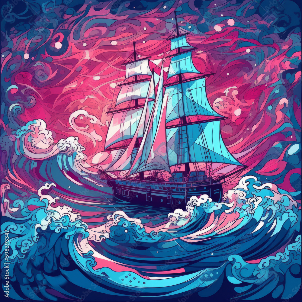 Sailing ship on ocean with big waves. Cubism style. Made with Generative AI.