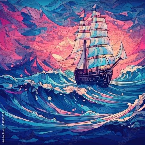 Sailing ship on ocean with big waves. Cubism style. Made with Generative AI.