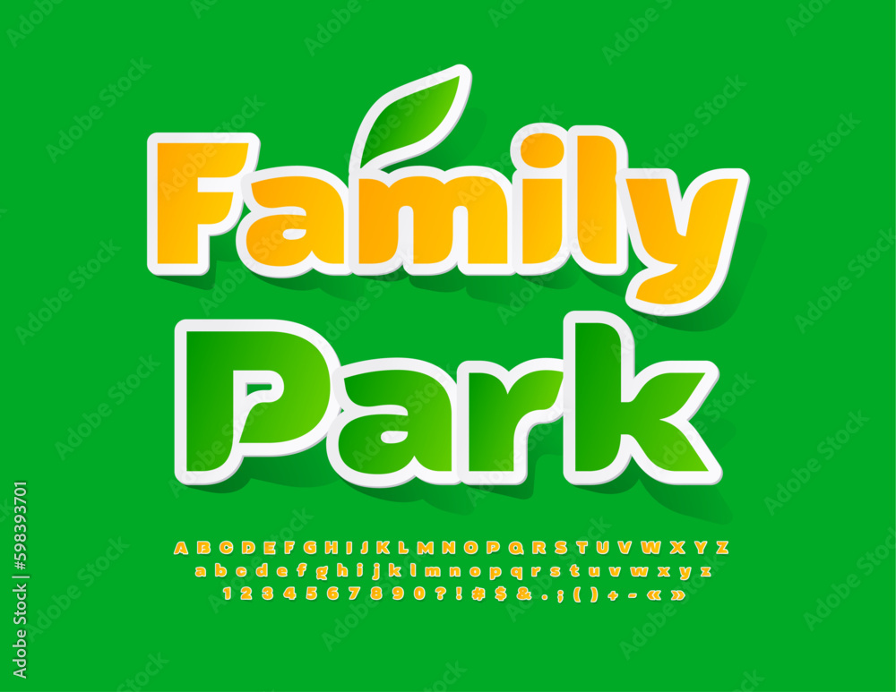Naklejka premium Vector artistic Emblem Family Park. Bright sticker Font. Modern creative Alphabet Letters, Numbers and Symbols set