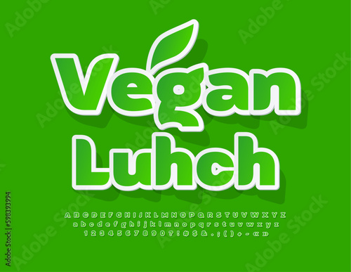 Vector eco poster Vegan Lunch. Green sticker Font. Modern bright Alphabet Letters and Numbers