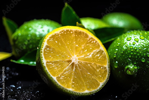 Fresh Cut or Off Wet Green Lemon Fruit as Background AI Generative