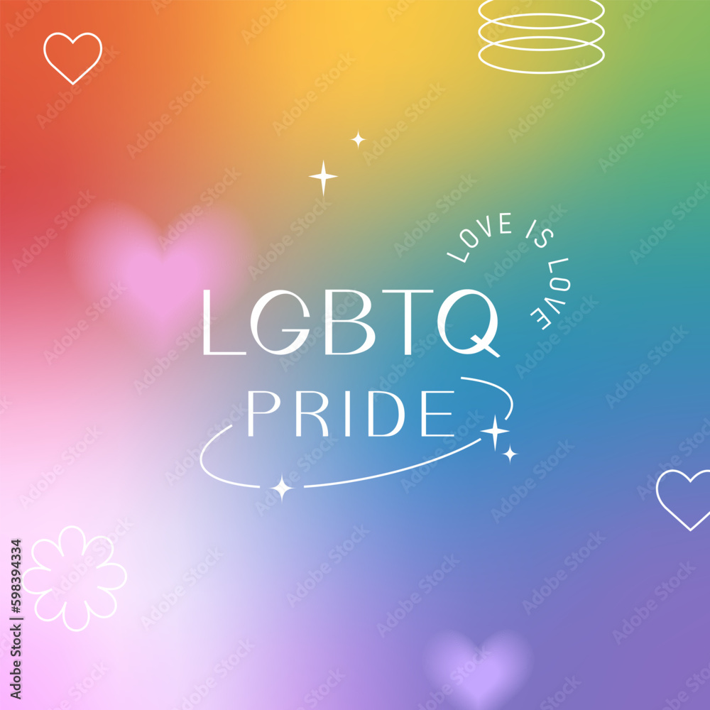 Pride Month, banner, greeting card, poster, cover. LGBT colorful rainbow concept. Trendy blurred gradient, geometric shapes, typography, y2k background. Social media template.