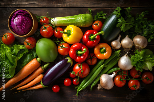 Food background with assortment of fresh organic vegetables on dark wooden background. Top view. AI generated.