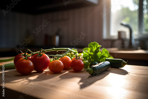 Fresh vegetables ready for cooking, preparation for healthy cooking on a wooden table in the rustic interior of the kitchen. AI generated.