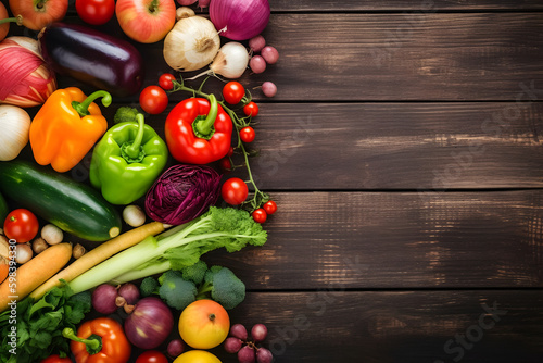 Food background with assortment of fresh organic vegetables on dark wooden background with copy space. Top view. AI generated.