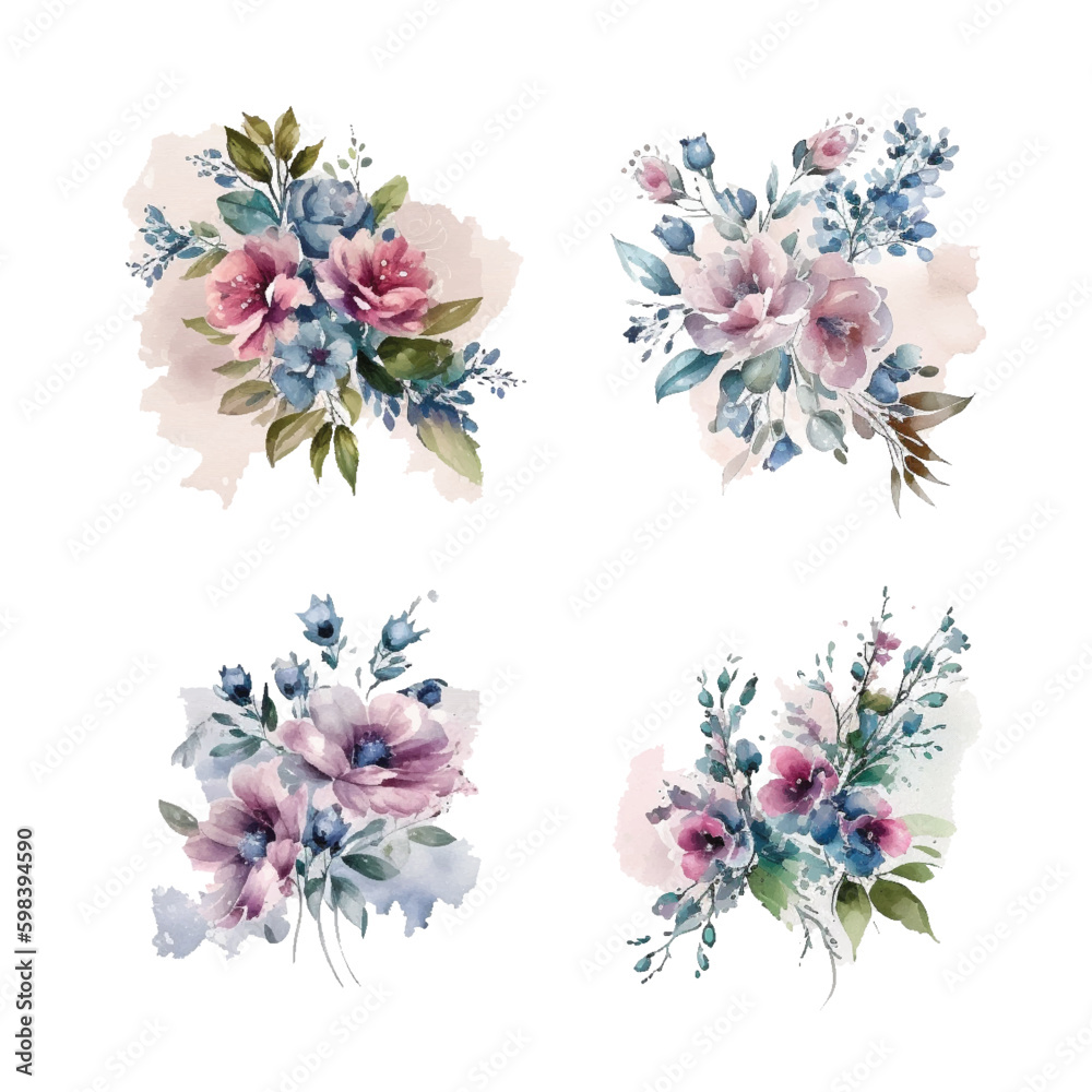Set of floral branch. Flower pink rose, green leaves. Wedding concept with flowers. Floral poster, invite. Vector arrangements for greeting card or invitation design Set of floral branch. Flower pink rose, green leaves. Wedding concept with flowers. Floral poster, invite. Vector arrangements for greeting card or invitation design