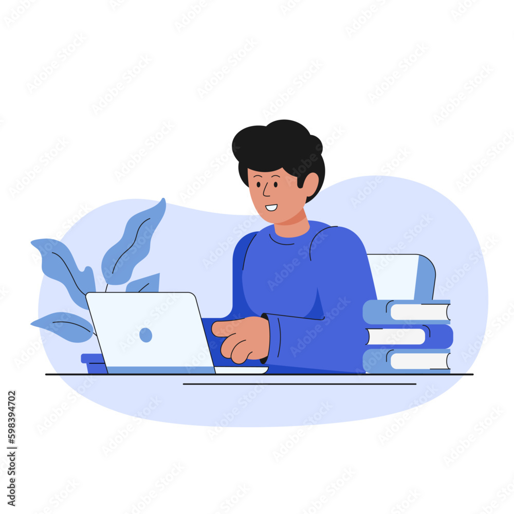 Illustration with a man working at a laptop. Online education, remote work/ Illustration with a man working at a laptop. Online education, remote work/