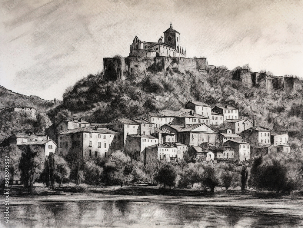 Charcoal Drawing of a French Town Resembling Sisteron with Mountains and a River - generative AI