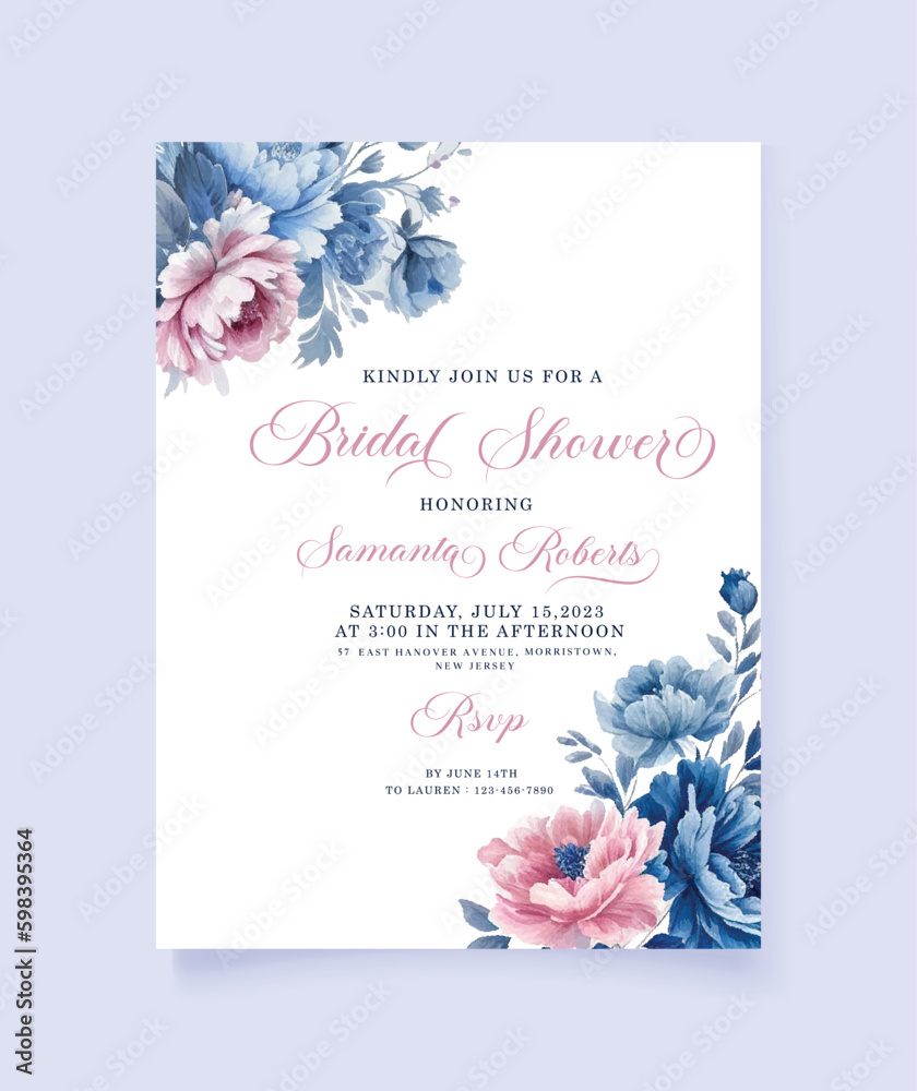Bridal Shower Invitation Card Template With Vintage Blue Floral Design