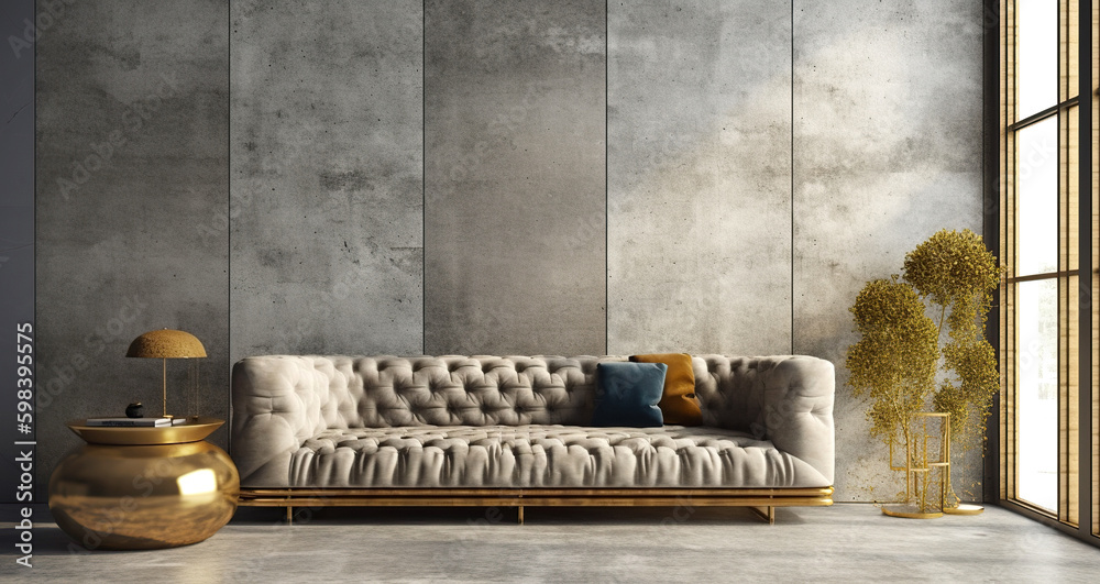 Fototapeta premium Gray velvet sofa near concrete paneling wall. Interior design of modern living room. Created with generative AI