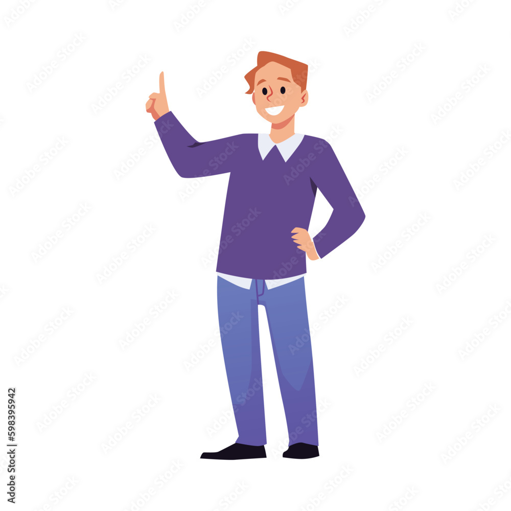 Man with raised index finger, flat vector illustration isolated on white background.