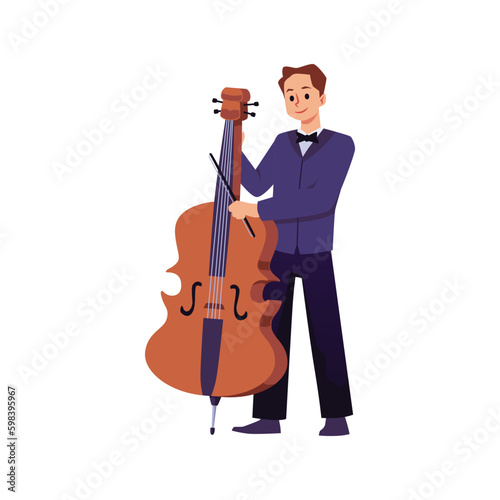 Smiling man in suit plays cello flat style, vector illustration