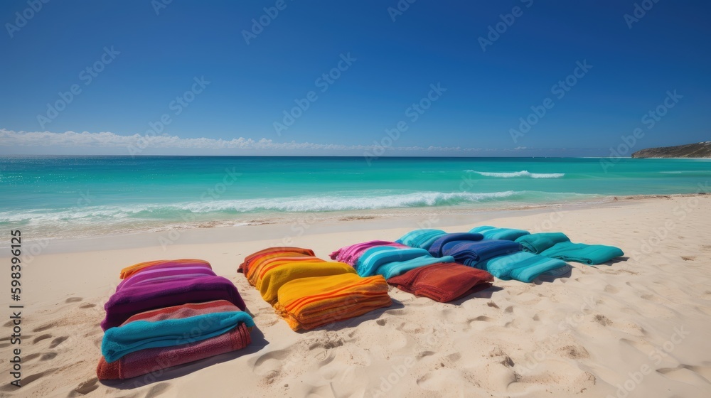 Beachside Bliss: Colorful Towels and Lounge Chairs Set Against a Perfect Blue Sky, AI Generative Beachside Bliss: Colorful Towels and Lounge Chairs Set Against a Perfect Blue Sky, AI Generative