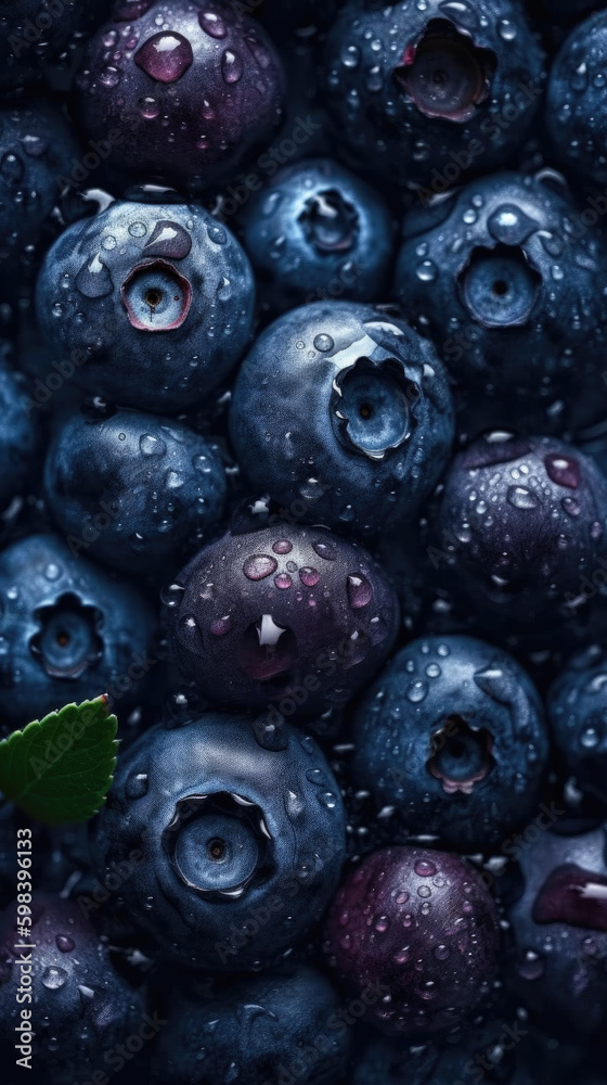 Fresh blueberry with water drops, close-up shot on black background. Generative AI. Fresh blueberry with water drops, close-up shot on black background. Generative AI.