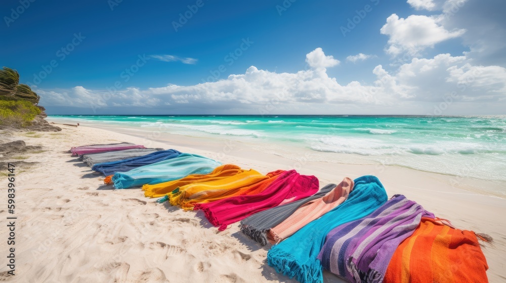 Sun-Kissed Serenity: Pristine Beach with Vibrant Towels and Loungers in a Tranquil Setting, AI Generative Sun-Kissed Serenity: Pristine Beach with Vibrant Towels and Loungers in a Tranquil Setting, AI Generative