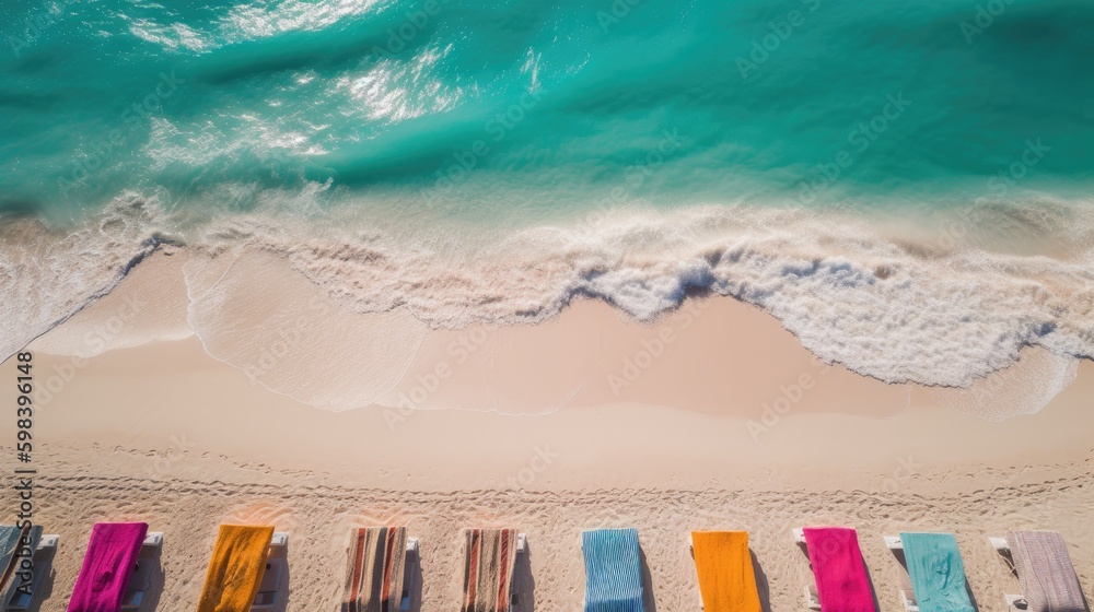 Obraz premium Tropicana: Beach Towels and Sun Loungers in Bold Colors, Overlooking a Beautiful Sea View, AI Generative
