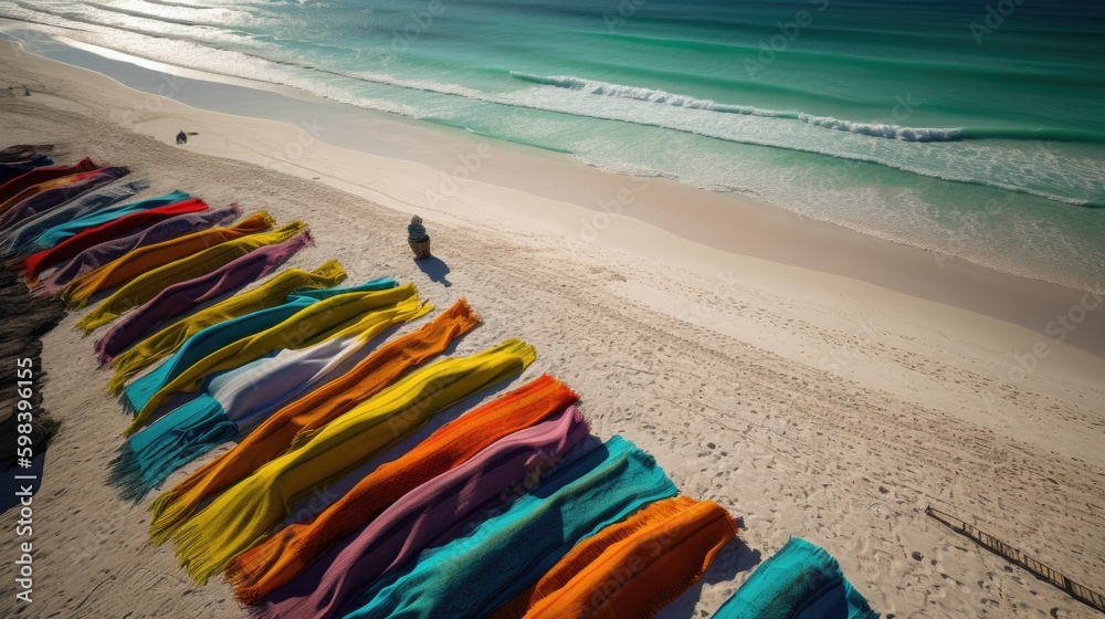 Serene Escape: Relaxing Beach View with Colorful Towels and Lounge Chairs in a Peaceful Setting, AI Generative