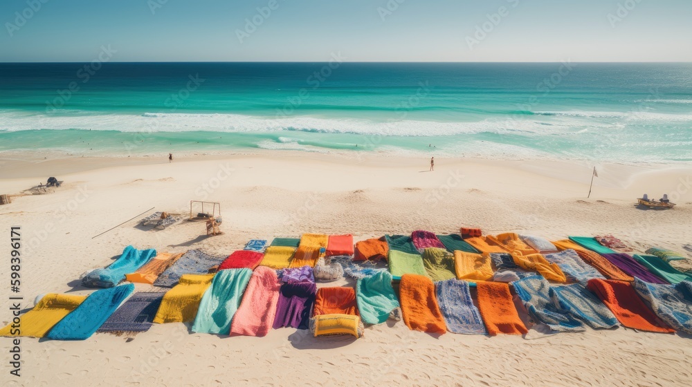 Coastal Bliss: Beautiful Beach Scene Featuring Vibrant Towels and Comfortable Loungers, AI Generative