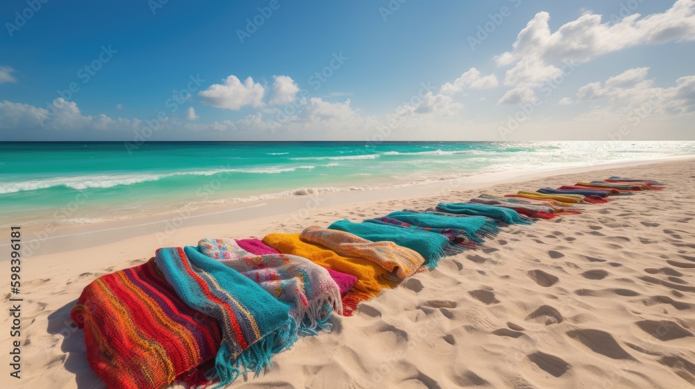 Sun, Sand, and Sea: Colorful Beach Towels and Lounge Chairs on a Stunning Sandy Beach, AI Generative Sun, Sand, and Sea: Colorful Beach Towels and Lounge Chairs on a Stunning Sandy Beach, AI Generative