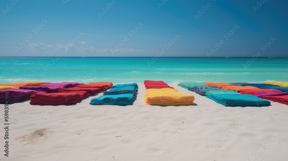 Beachfront Bonanza: Bright Towels and Lounge Chairs Set Against a Perfect Ocean Backdrop, AI Generative