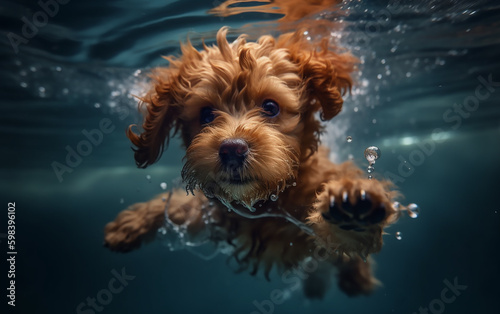 Puppy swimming under water, a charming scene of canine curiosity and playfulness.