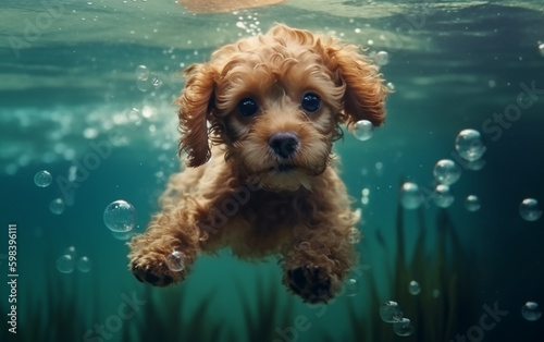 Young poodle submerged, a tranquil moment of canine underwater adventure.