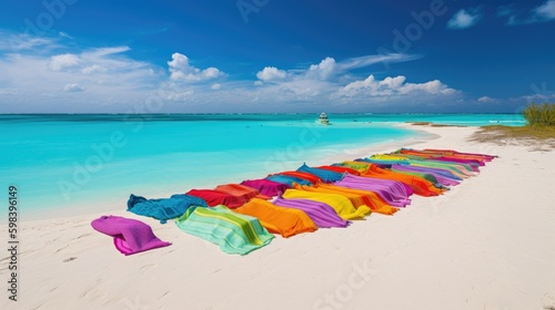 Blue Skies and Beach Vibes: Colorful Beach Towels and Lounge Chairs on a Pristine Sandy Beach, AI Generative