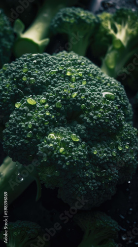 Fresh broccoli with water drops  close-up shot on black background. Generative AI.