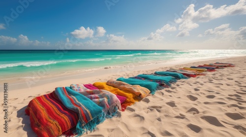 Sun, Sand, and Sea: Colorful Beach Towels and Lounge Chairs on a Stunning Sandy Beach, AI Generative