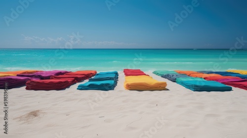 Beachfront Bonanza  Bright Towels and Lounge Chairs Set Against a Perfect Ocean Backdrop  AI Generative