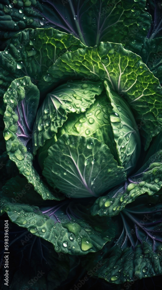 Fresh cabbage with water drops, close-up shot on black background. Generative AI. Fresh cabbage with water drops, close-up shot on black background. Generative AI.