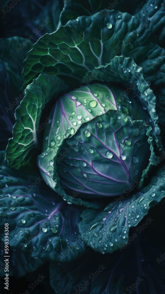 Fototapeta premium Fresh cabbage with water drops, close-up shot on black background. Generative AI.