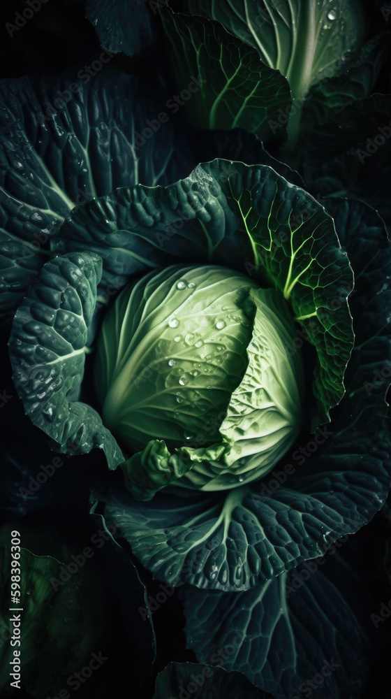 Obraz premium Fresh cabbage with water drops, close-up shot on black background. Generative AI.