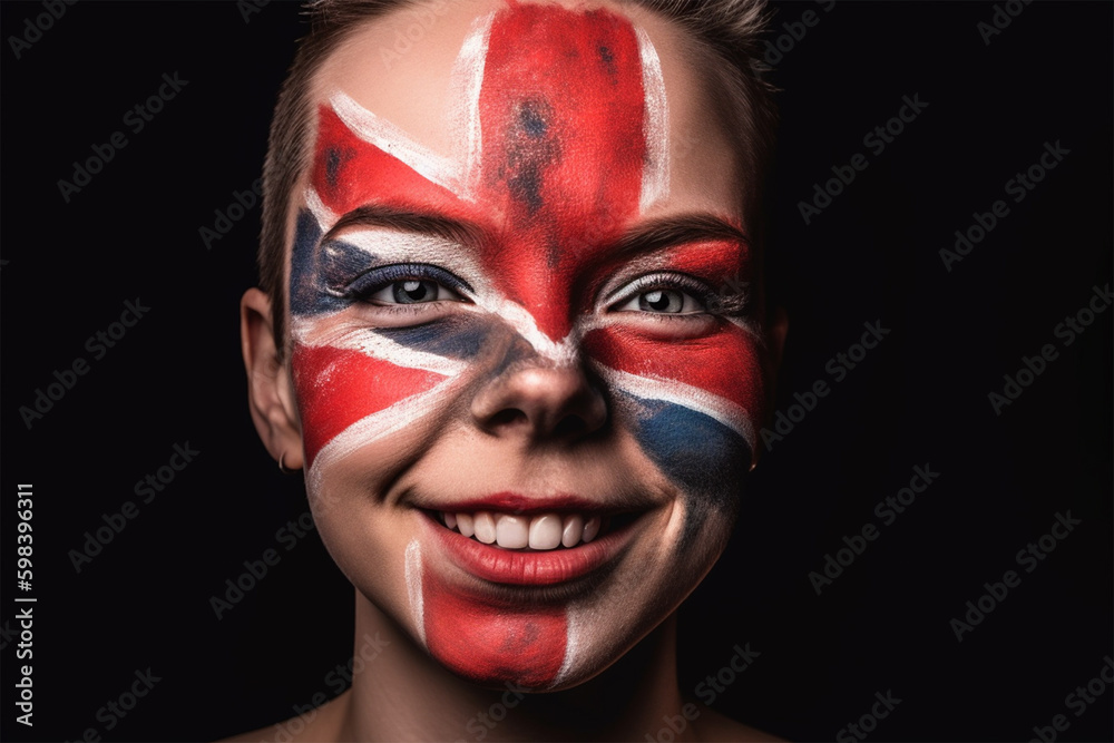 portrait of a happy girl with makeup in colors depicting the flag of the United Kingdom. Blue, white, red. Generative AI Generative AI portrait of a happy girl with makeup in colors depicting the flag of the United Kingdom. Blue, white, red. Generative AI Generative AI