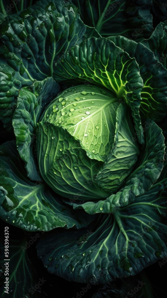 Obraz premium Fresh cabbage with water drops, close-up shot on black background. Generative AI.