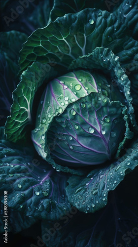 Fresh cabbage with water drops  close-up shot on black background. Generative AI.