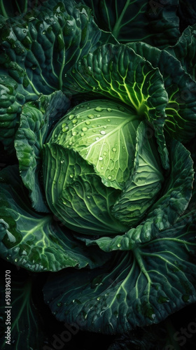 Fresh cabbage with water drops, close-up shot on black background. Generative AI.