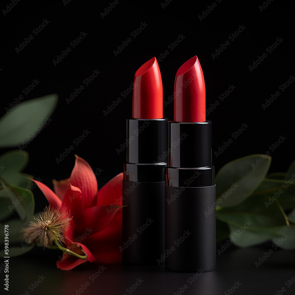 two women's red lipsticks lie near red roses on a dark background, generative AI two women's red lipsticks lie near red roses on a dark background, generative AI