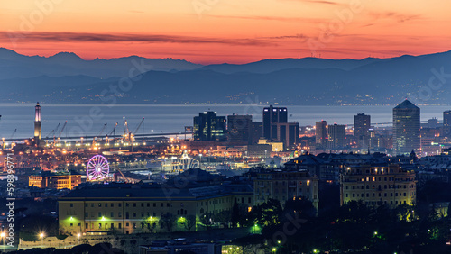 Panoramic view of Genoa during the twilight