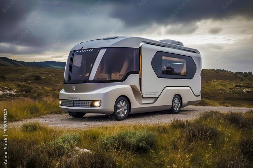 motorhome or caravan, modern, future, in meadow, generative ai