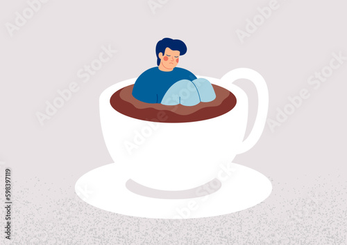 Caffeine addiction. Man sits in a cup of coffee and sleeps. Tired male person drowns in a mug of tea. Unhealthy food habits concept. Vector illustration